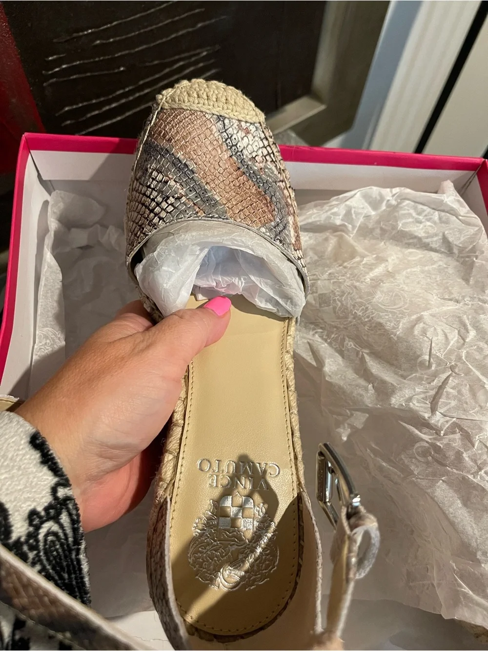 Vince Camuto Snake-Print Espadrille Sandal in Beige and Gray